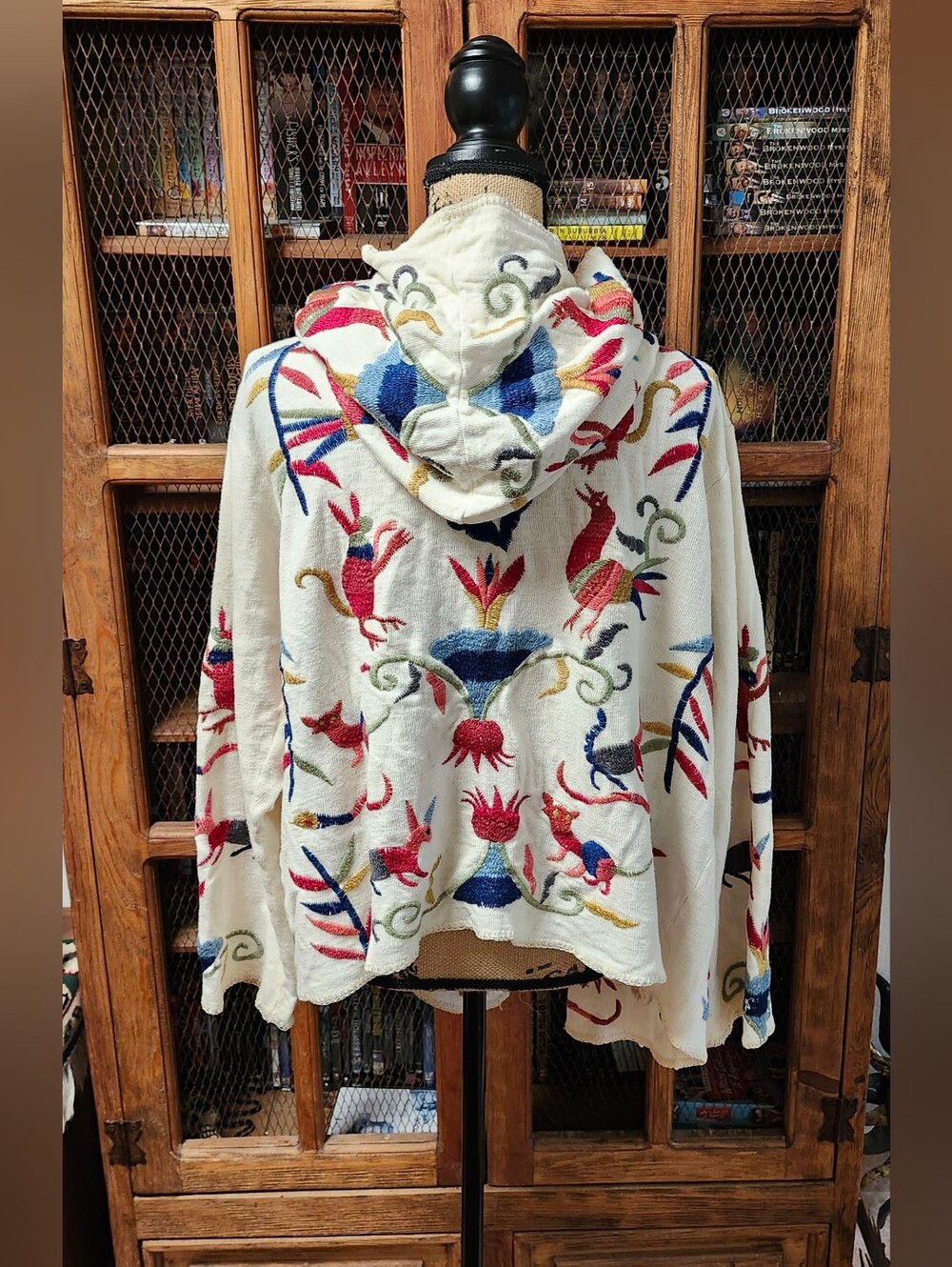 Biya Johnny Was Embroidered Hooded Drape Cardigan Sweater Jacket Sz XL - Picture 5 of 9